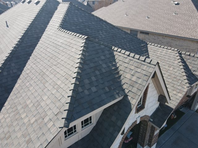 Burleson, TX — Composition roof pic. Atlas Pinnacle Weathered Wood with High Profile hip and ridge